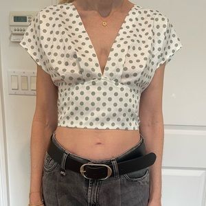 White with green polka dot blouse with tie in the back. Size small. Brand: Lulus